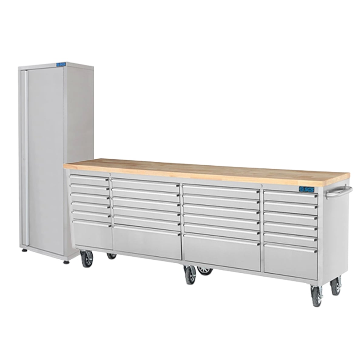 SGS 96in Stainless Steel 24 Drawer Work Bench Tool Chest Cabinet and Side Cabinet